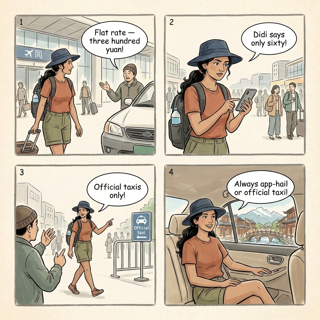 Lijiang Airport & Long-Distance Bus Taxi Overcharge — comic illustration