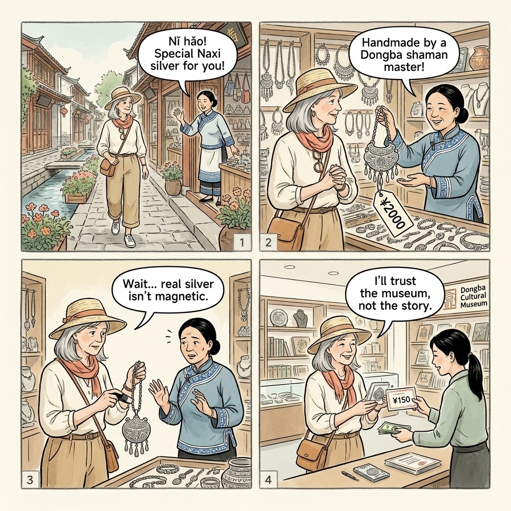 Old Town Silver & Dongba Cultural Item Counterfeits — comic illustration