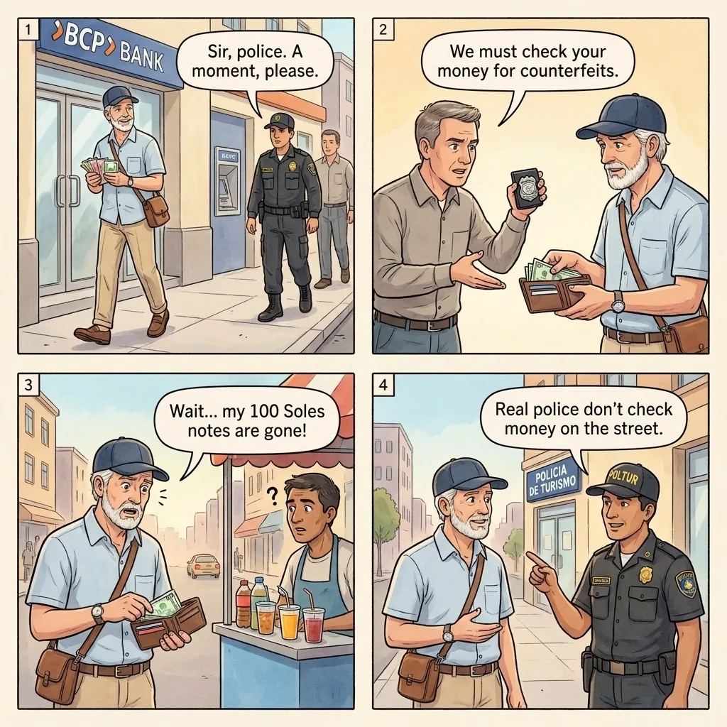The Lima 'Plain-Clothes Police' Counterfeit Money Check — comic illustration