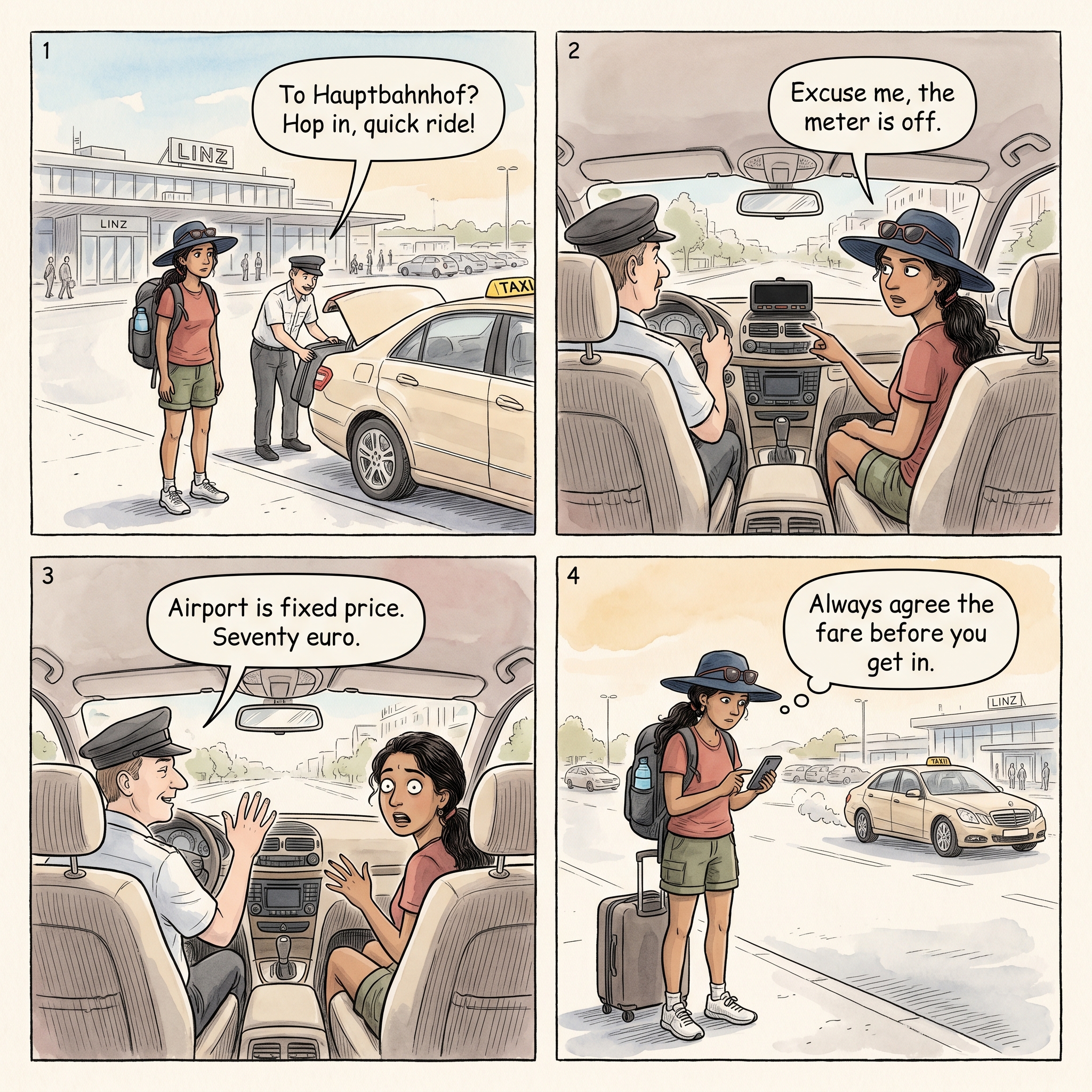 Linz Airport Taxi Without A Meter — comic illustration