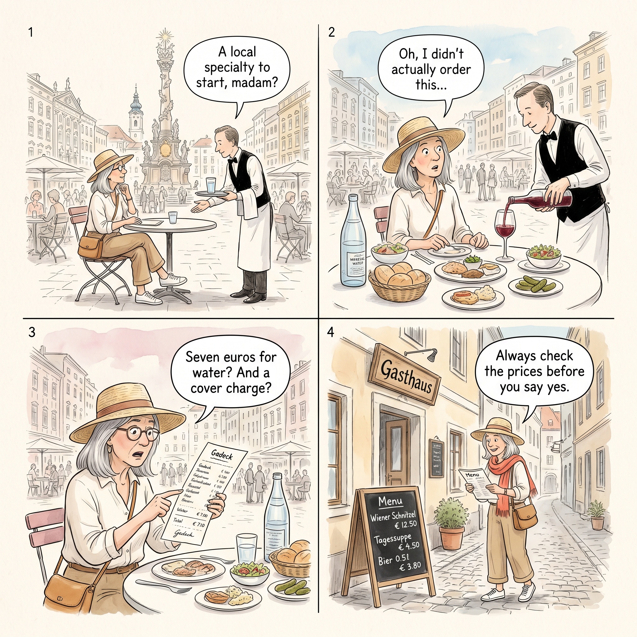 Hauptplatz Restaurant Upsell And Padded Bill — comic illustration
