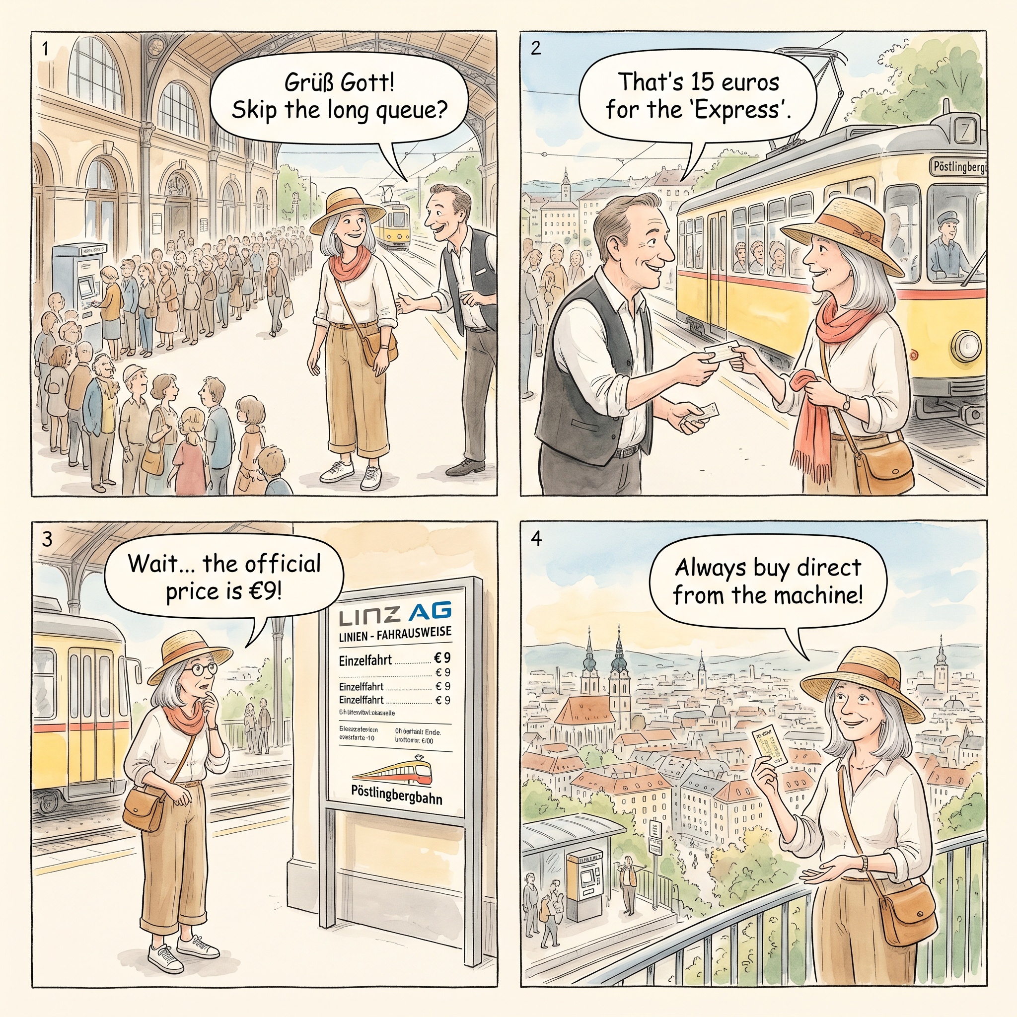 Marked-Up Pöstlingbergbahn And Attraction Tickets — comic illustration