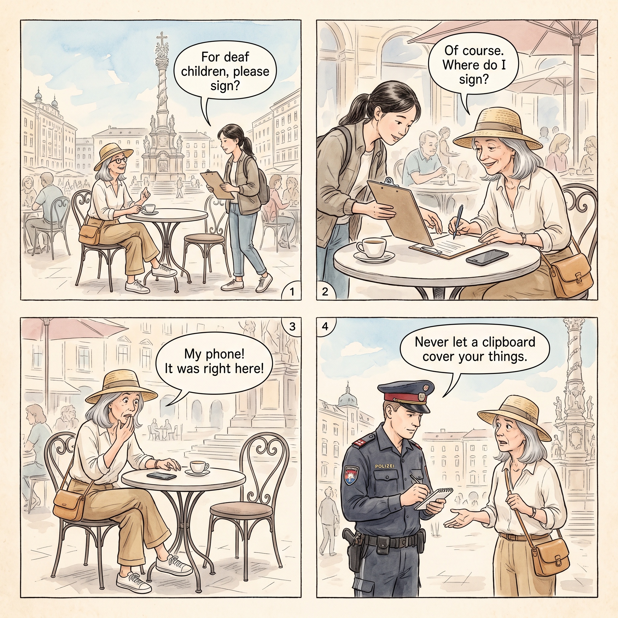 Hauptplatz Petition And Pickpocket Distraction — comic illustration