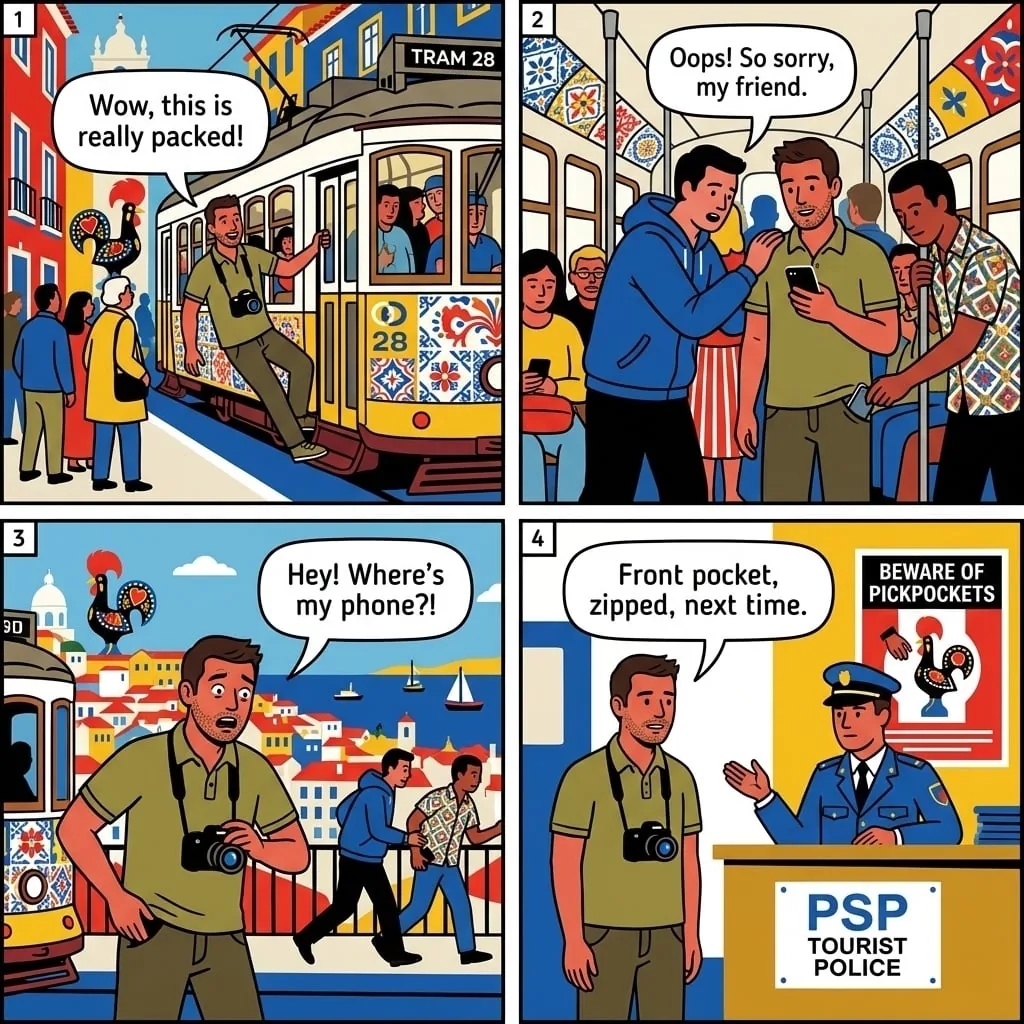 Tram 28 Pickpocket Teams (Alfama & Baixa Loop) — comic illustration