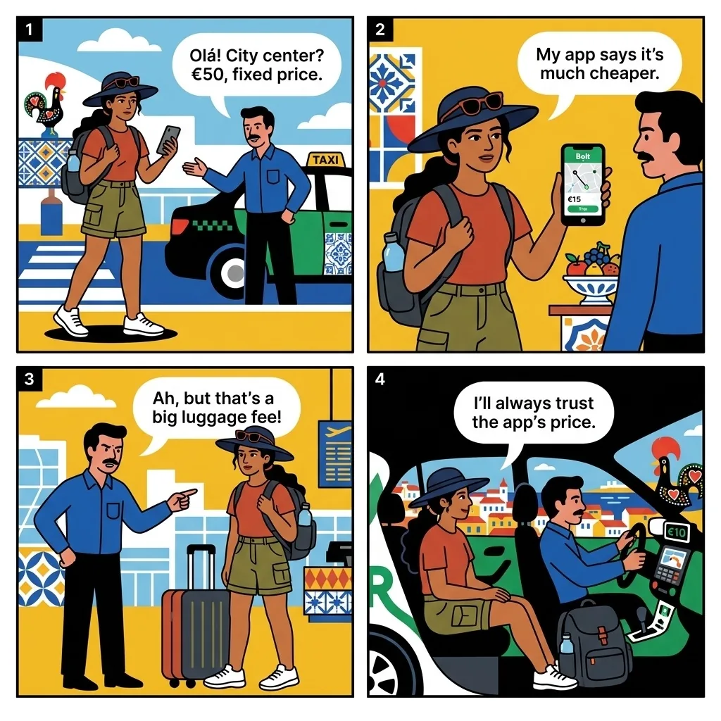 Lisbon Airport (LIS) Taxi & Uber Overcharge Scams — comic illustration
