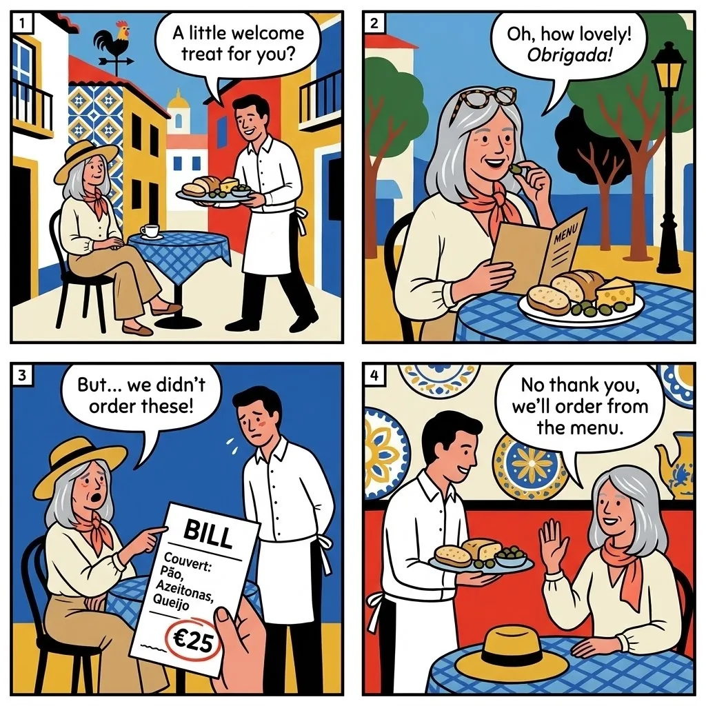 Alfama & Baixa Restaurant Couvert + Tourist-Menu Inflation — comic illustration