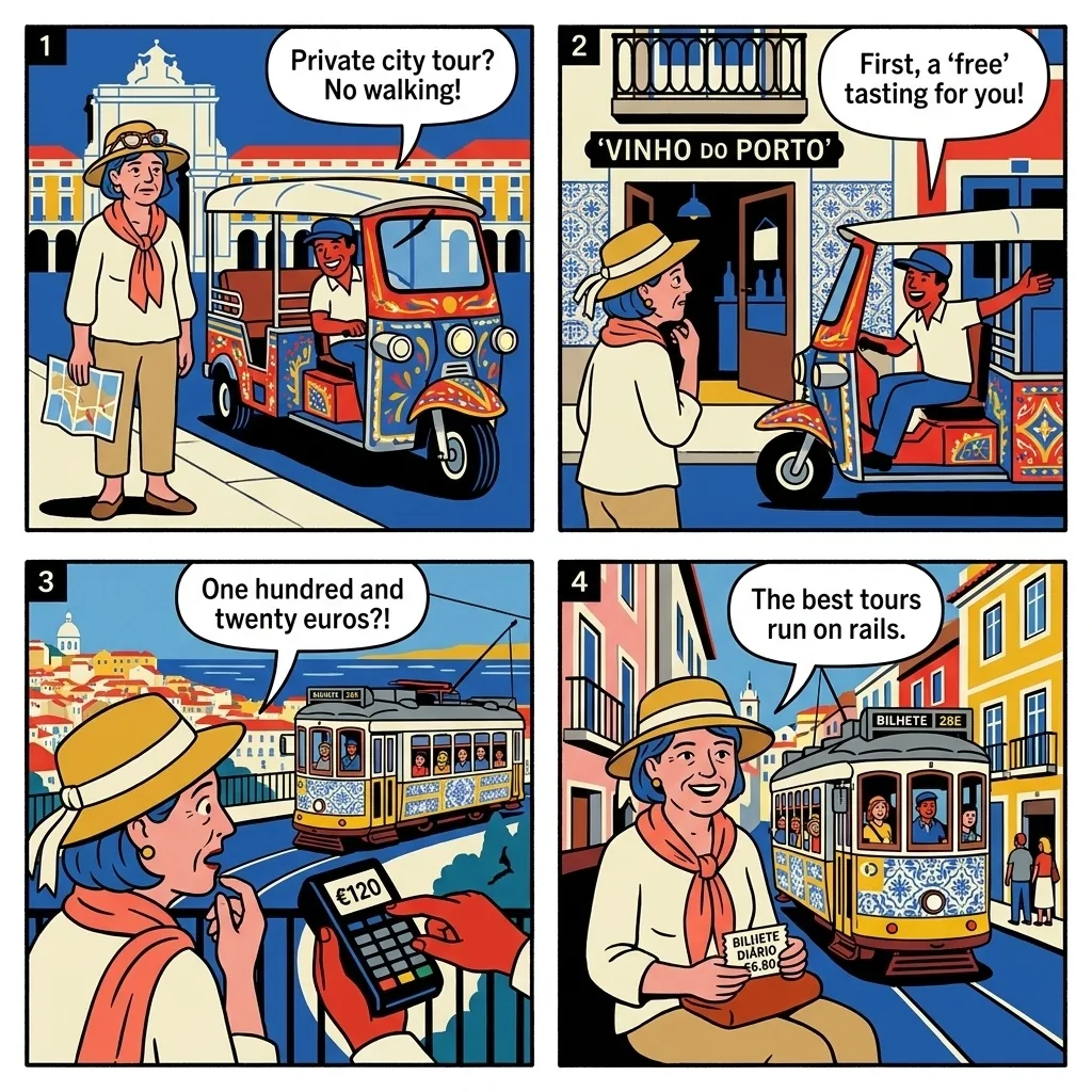 Lisbon Tuk-Tuk 'Full City Tour' Overcharge & Commission Bundling — comic illustration