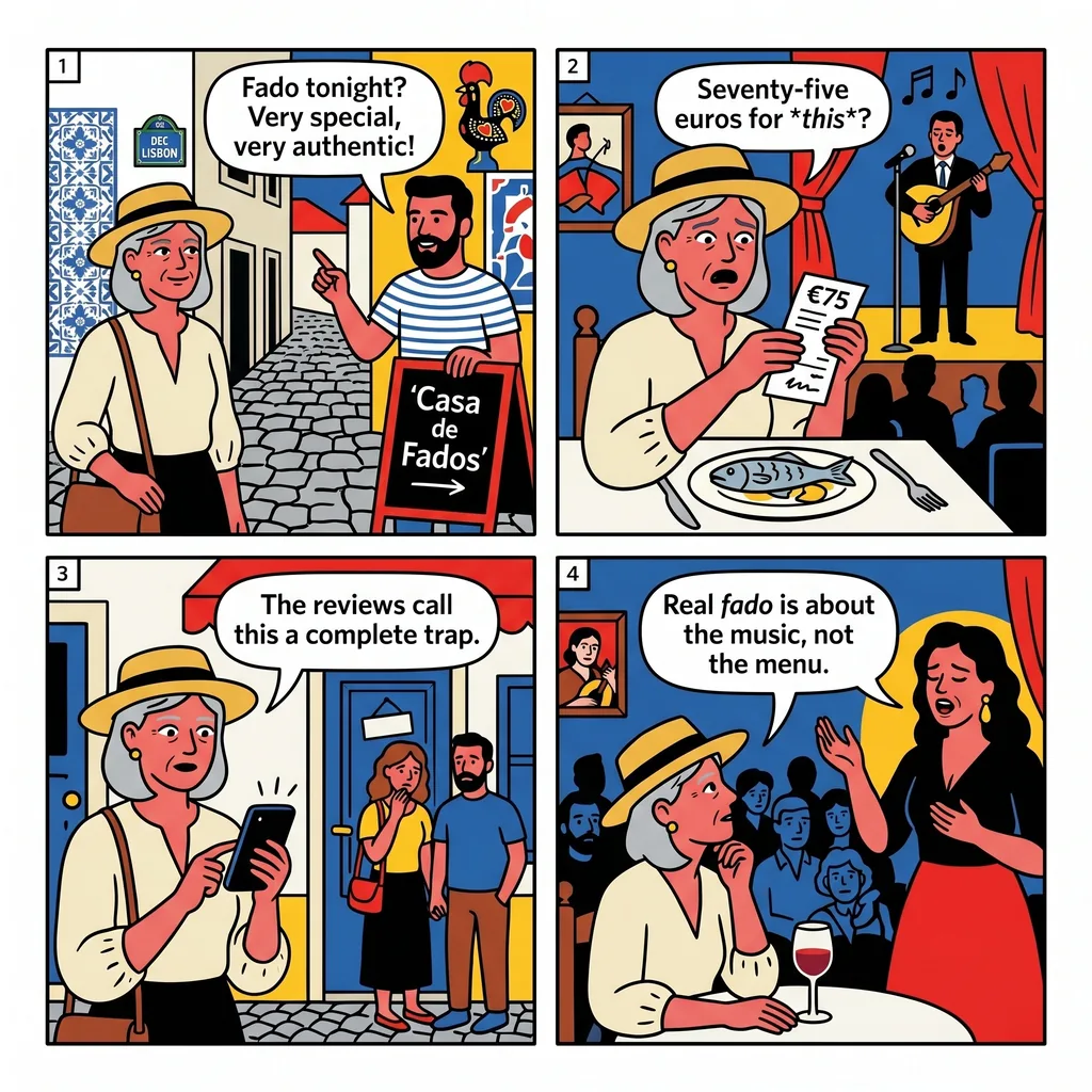 Lisbon Fado House Commission Tout & 'Show + Dinner' Markup — comic illustration