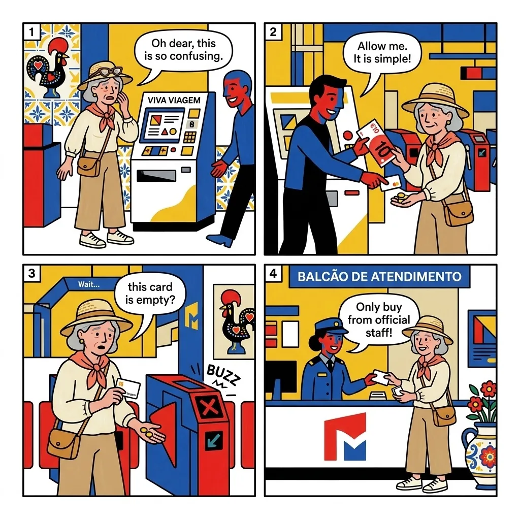 Lisbon Metro Ticket Machine 'Helper' Distraction Scam — comic illustration