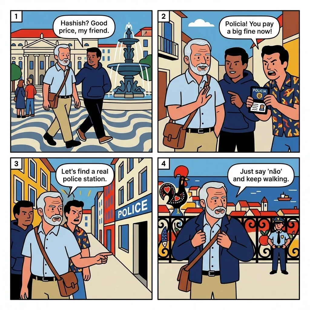 Lisbon Street Drug-Tout Counterfeit 'Hashish' Scam — comic illustration