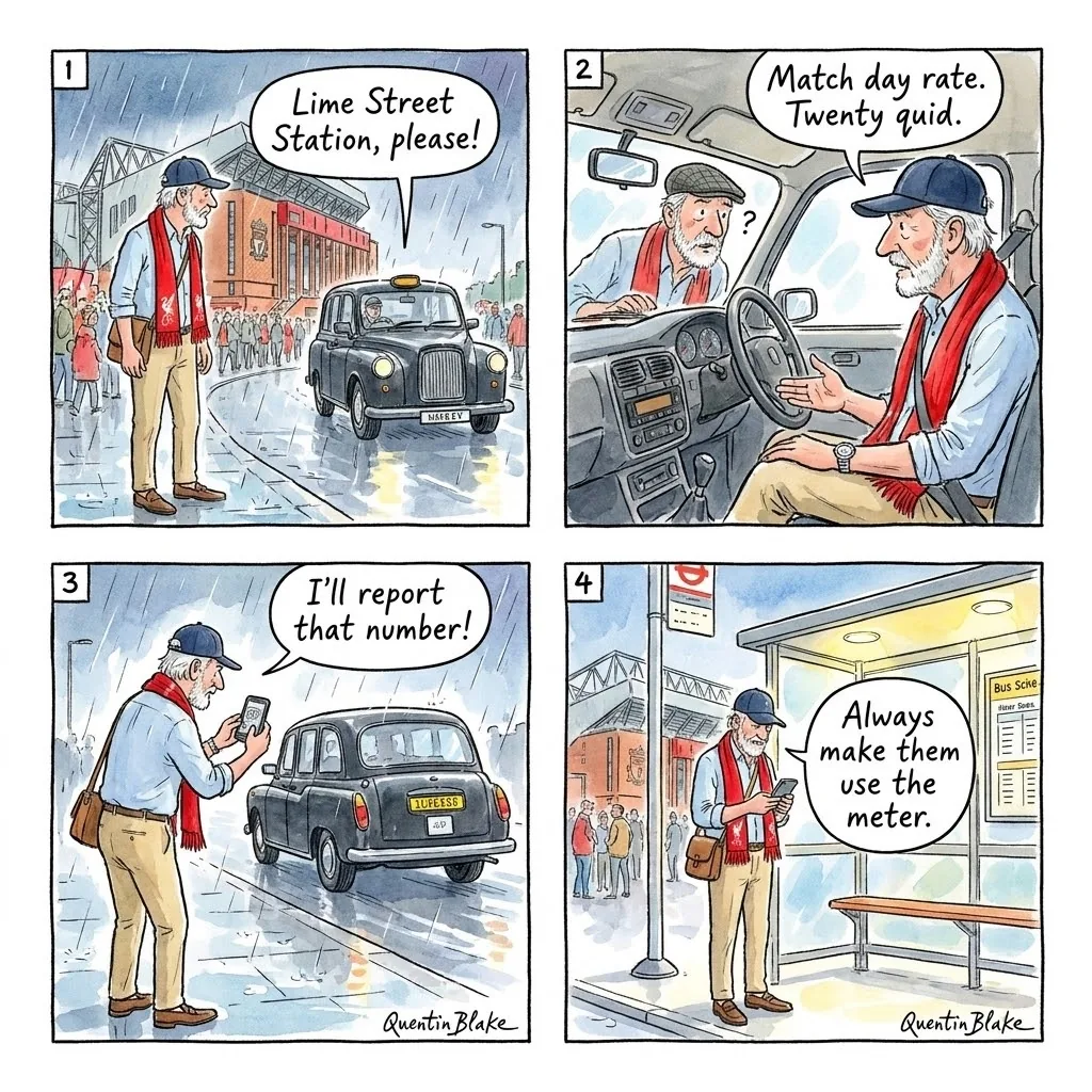 Football Match Day Taxi Cherry-Picking — comic illustration
