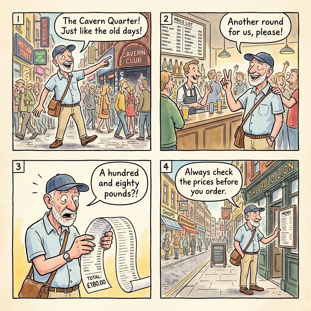 Matthew Street and Cavern Quarter Nightlife Overcharge — comic illustration