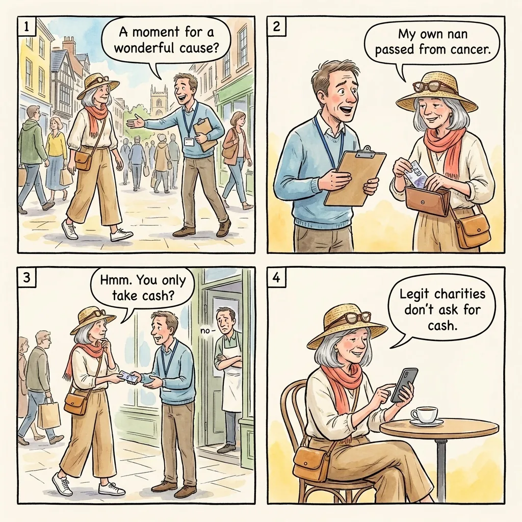 Fake Charity Collector Fraud — comic illustration