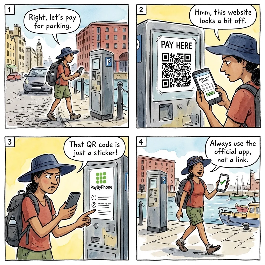QR Code Parking Meter Scam (Quishing) — comic illustration