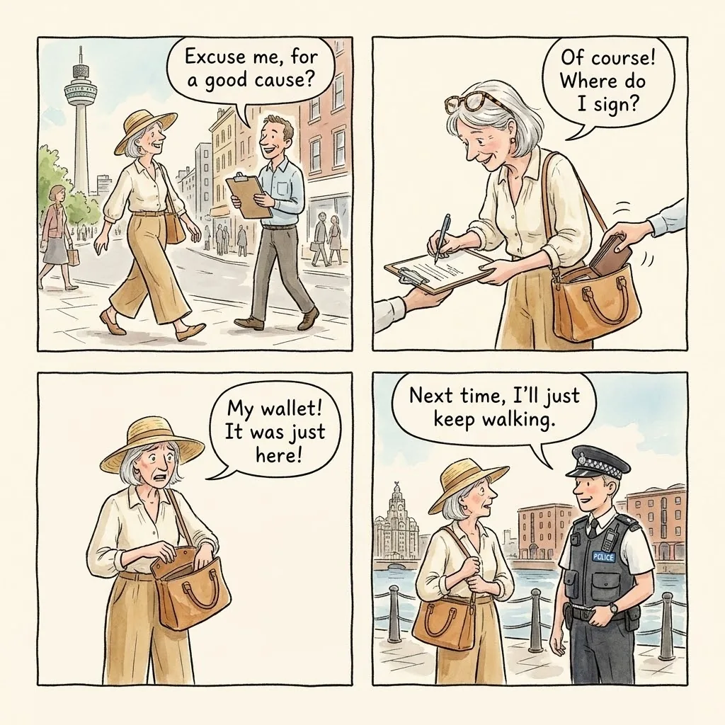 Petition Distraction Pickpocketing — comic illustration