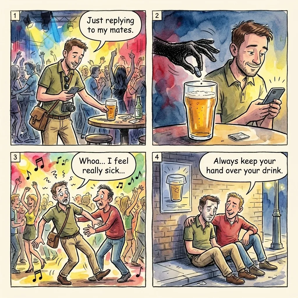Drink Spiking in Nightclubs — comic illustration