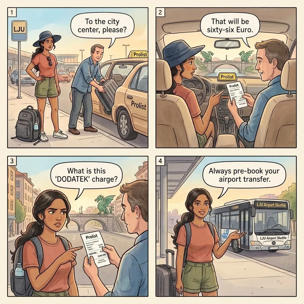 Brnik Airport Taxi DODATEK Fake-Surcharge — comic illustration
