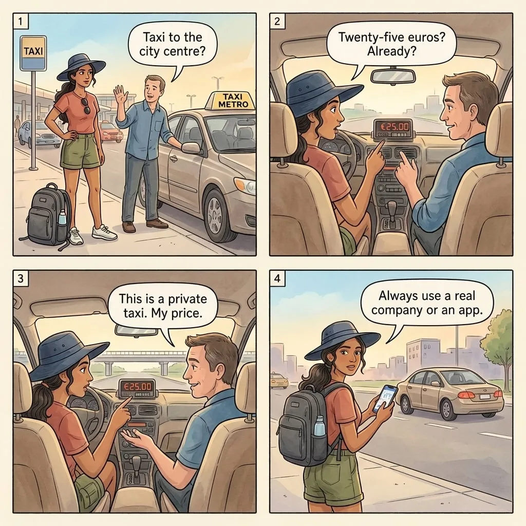 Ljubljana Bus Station Taxi Meter Manipulation — comic illustration