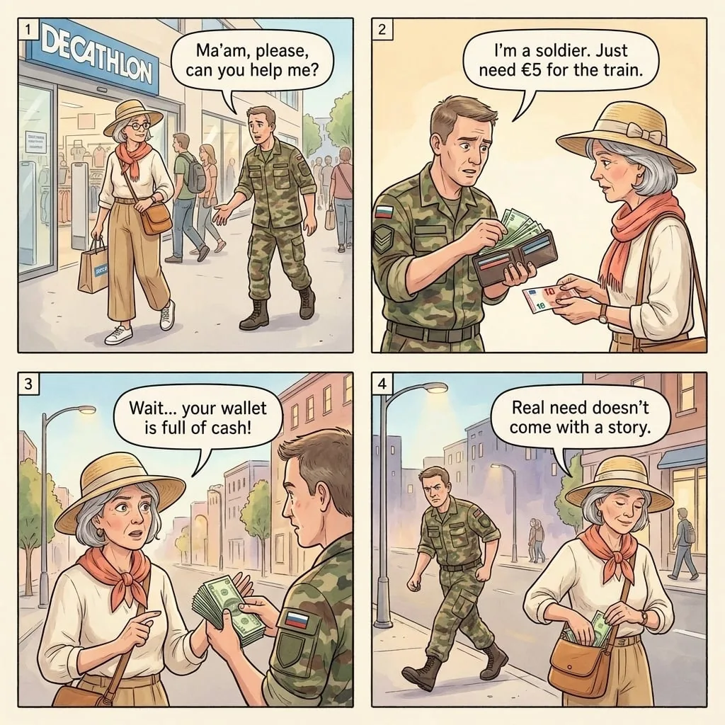 BTC Decathlon Fake-Soldier Cash-Need Beg — comic illustration