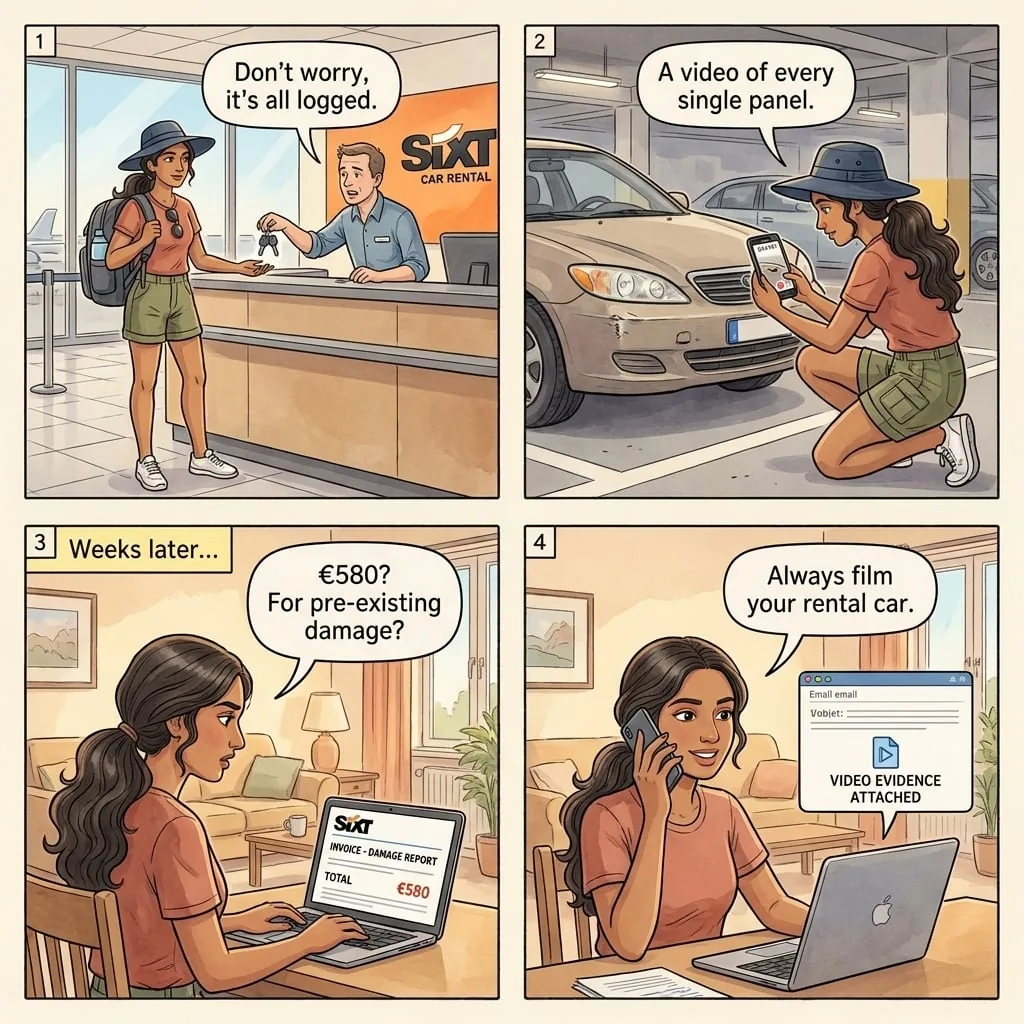 SixT Brnik Airport Phantom Damage Charges — comic illustration