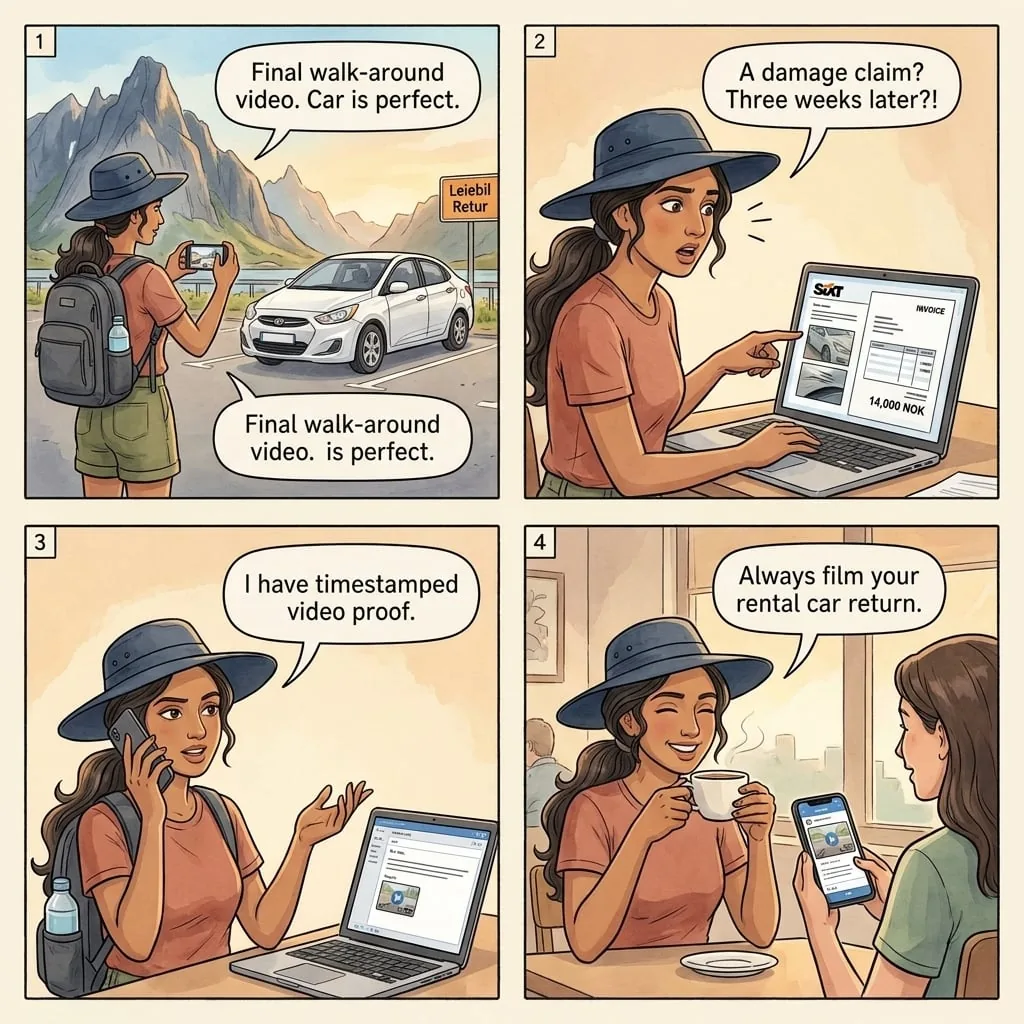 SixT Phantom Damage at Leknes Airport Drop-Off — comic illustration