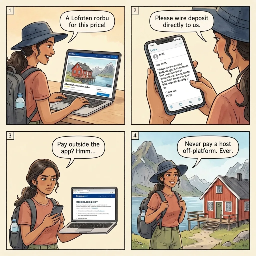 Off-Platform Rorbu Cabin Booking Fraud — comic illustration