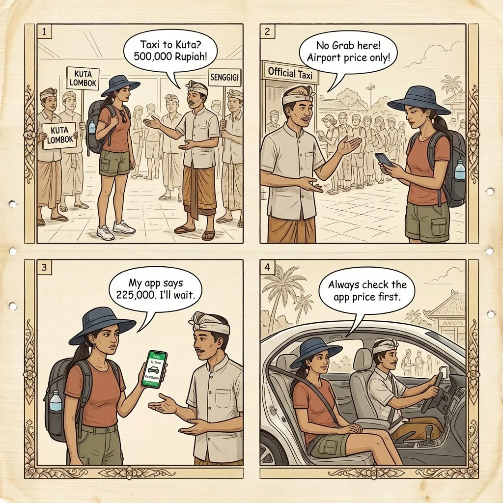 Lombok Praya Airport Taxi Mafia & Kuta-Lombok Transfer Overcharge — comic illustration