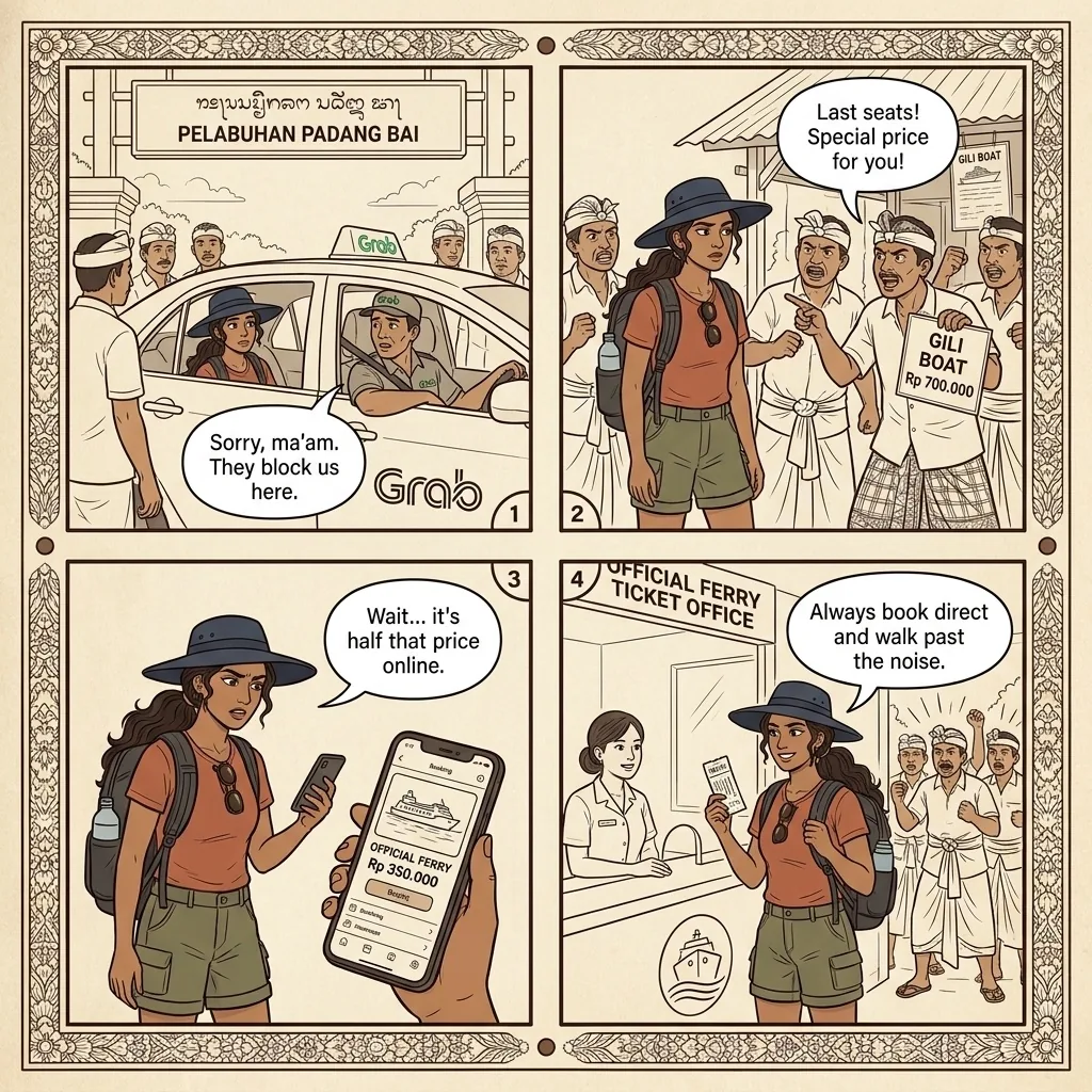 Bali-Lombok Fast Boat Overcharge & Padang Bai Taxi Mafia Blockade — comic illustration