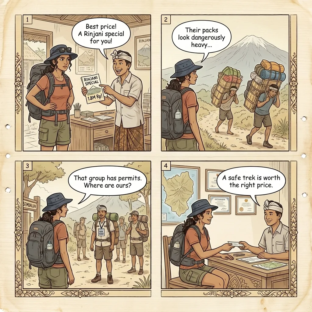Mount Rinjani Trek Unlicensed Operator & Porter Overload Scam — comic illustration