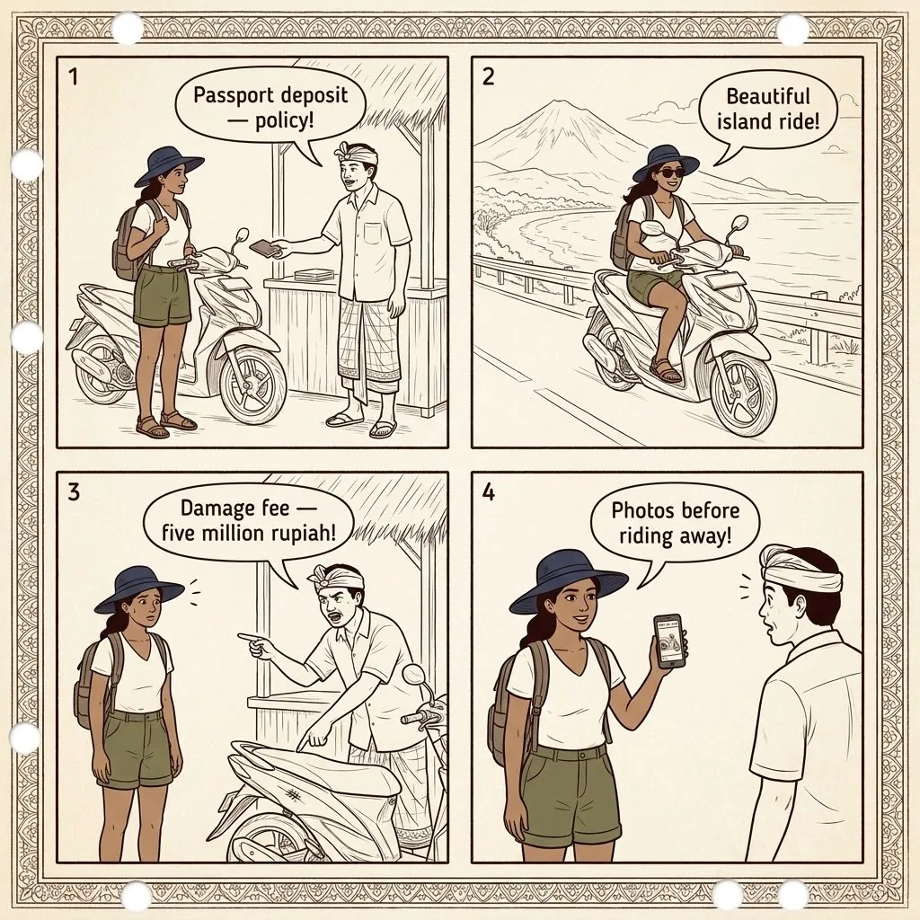 Kuta Lombok Scooter Rental Pre-Damage & 'Road Police' Bribe Shakedown — comic illustration