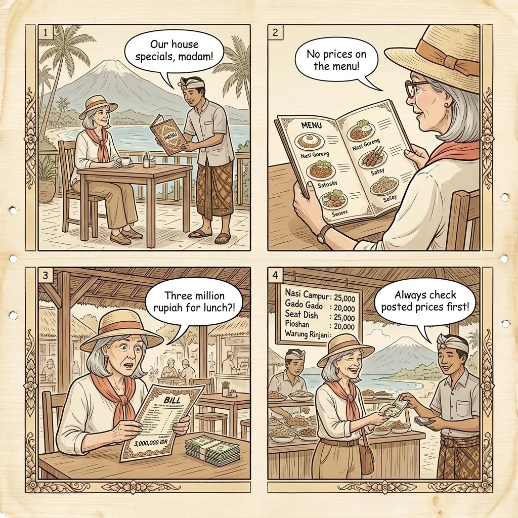 Senggigi Beach Tout & Restaurant Menu-Swap Bill Padding — comic illustration