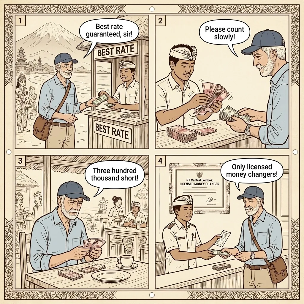 Lombok ATM Skimming, Money Changer Shortchange & Currency Fraud — comic illustration