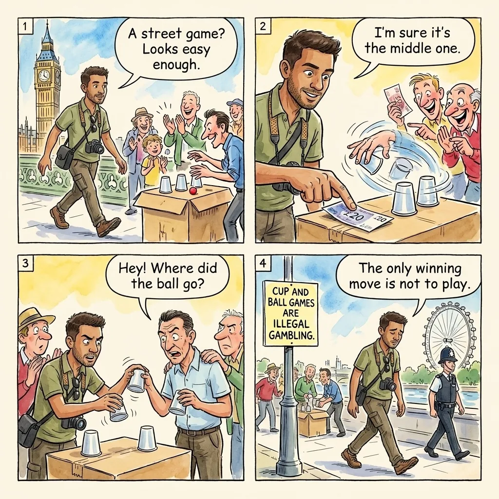 The Westminster Bridge Shell Game — comic illustration