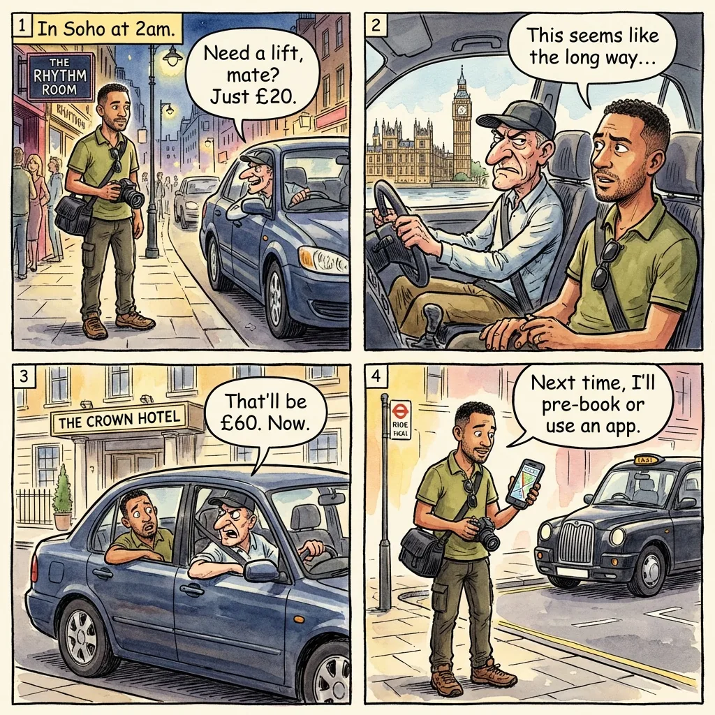 The Unlicensed Minicab Trap — comic illustration