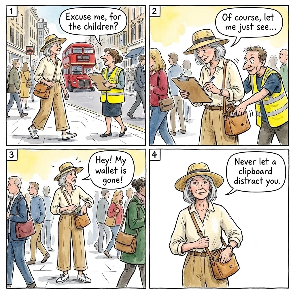 The Charity Clipboard Pickpocket — comic illustration