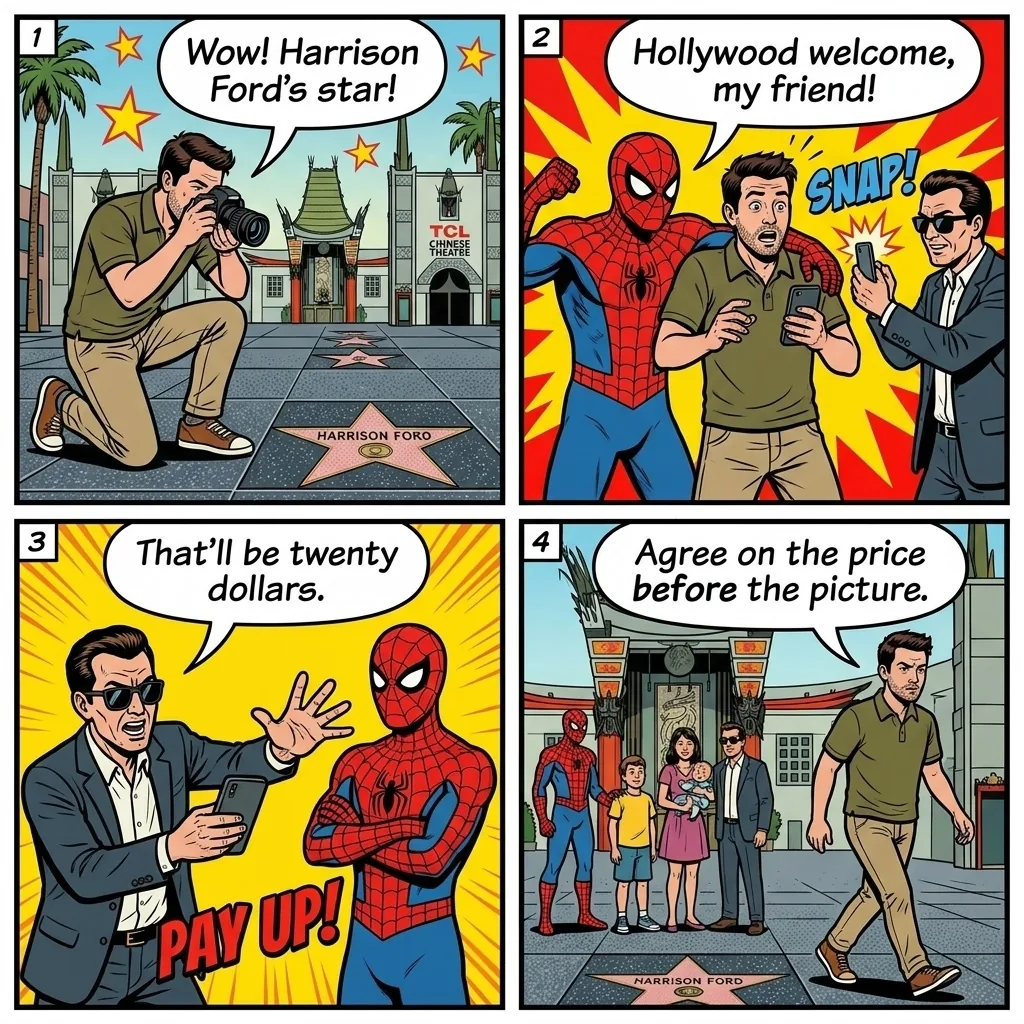 Hollywood Walk of Fame Costume Character Photo Scam — comic illustration