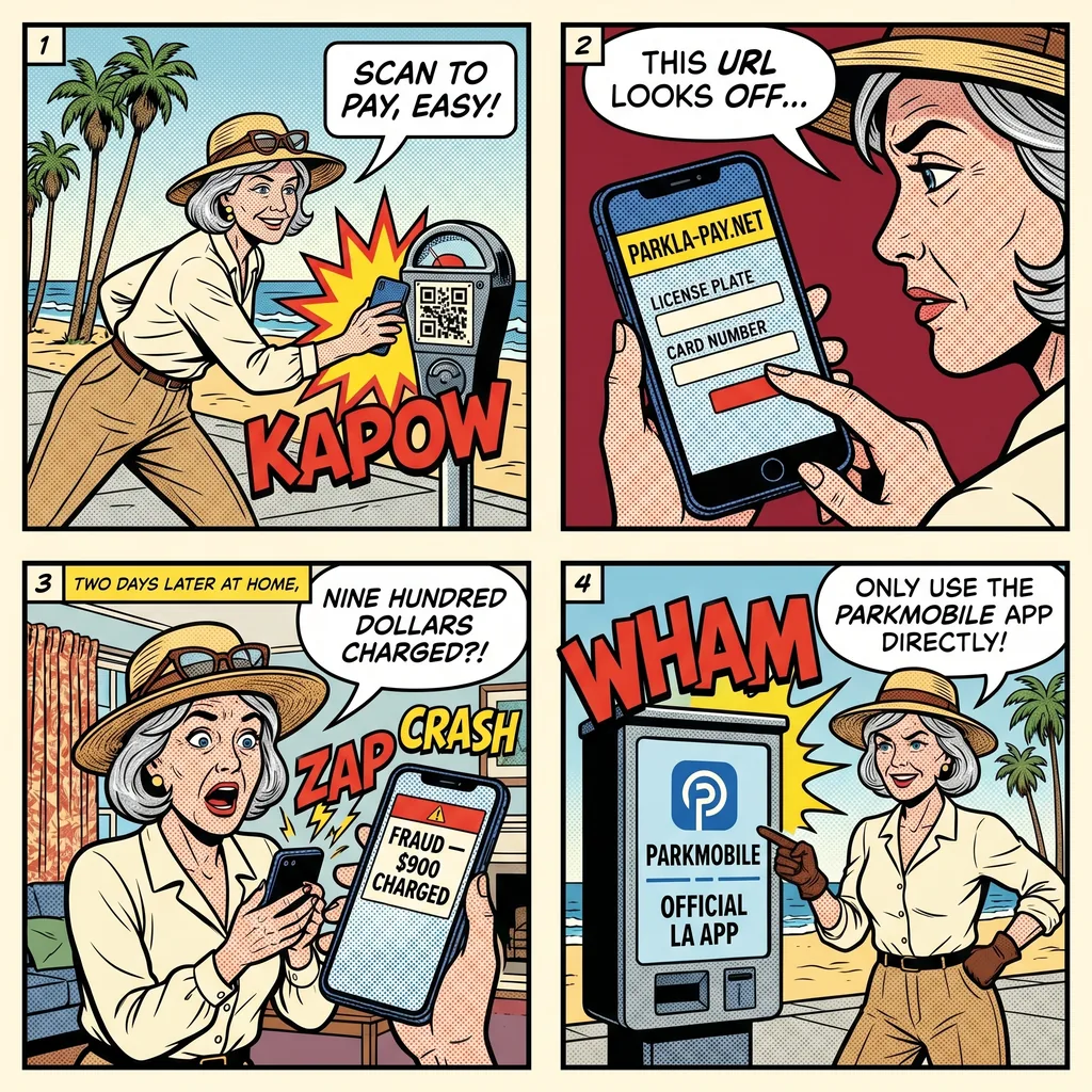 Fake Parking Meter QR Code Scam — comic illustration
