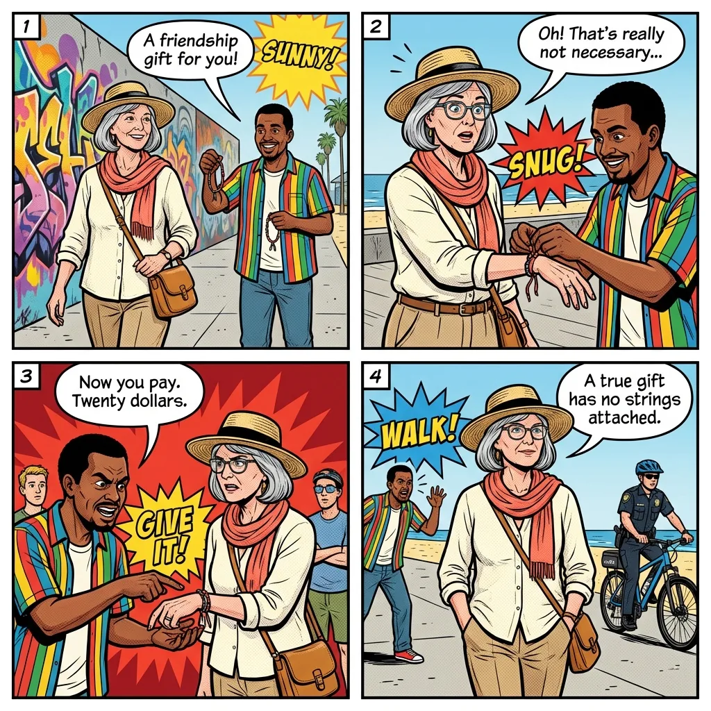 Venice Beach Aggressive Vendor / Bracelet Scam — comic illustration