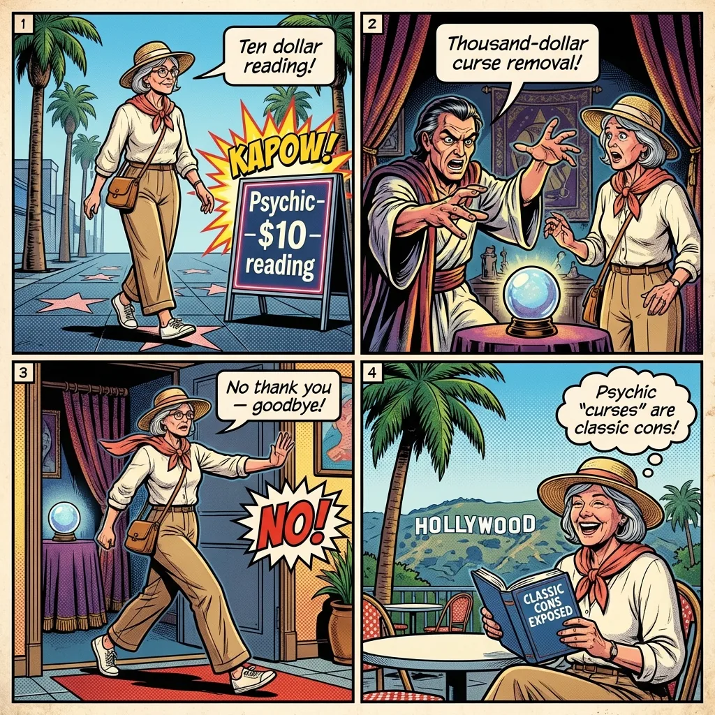 Fake 'Psychic Reading' or Spiritual Blessing Pressure — comic illustration