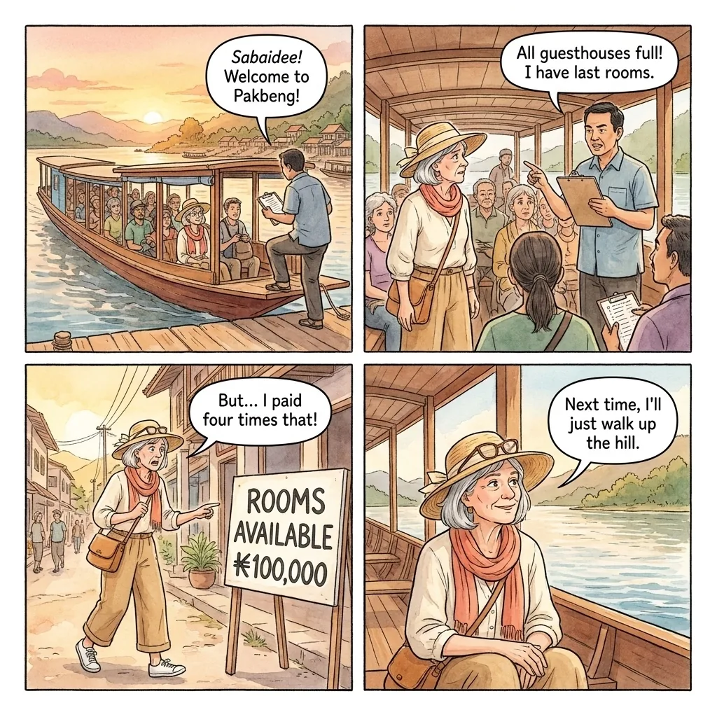 The Pakbeng Slow Boat Sold-Out Guesthouse Tout — comic illustration