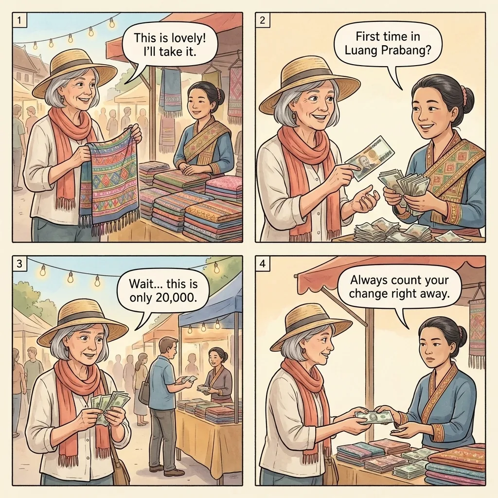 The Luang Prabang Night Market Crumpled-Bill Short-Change — comic illustration