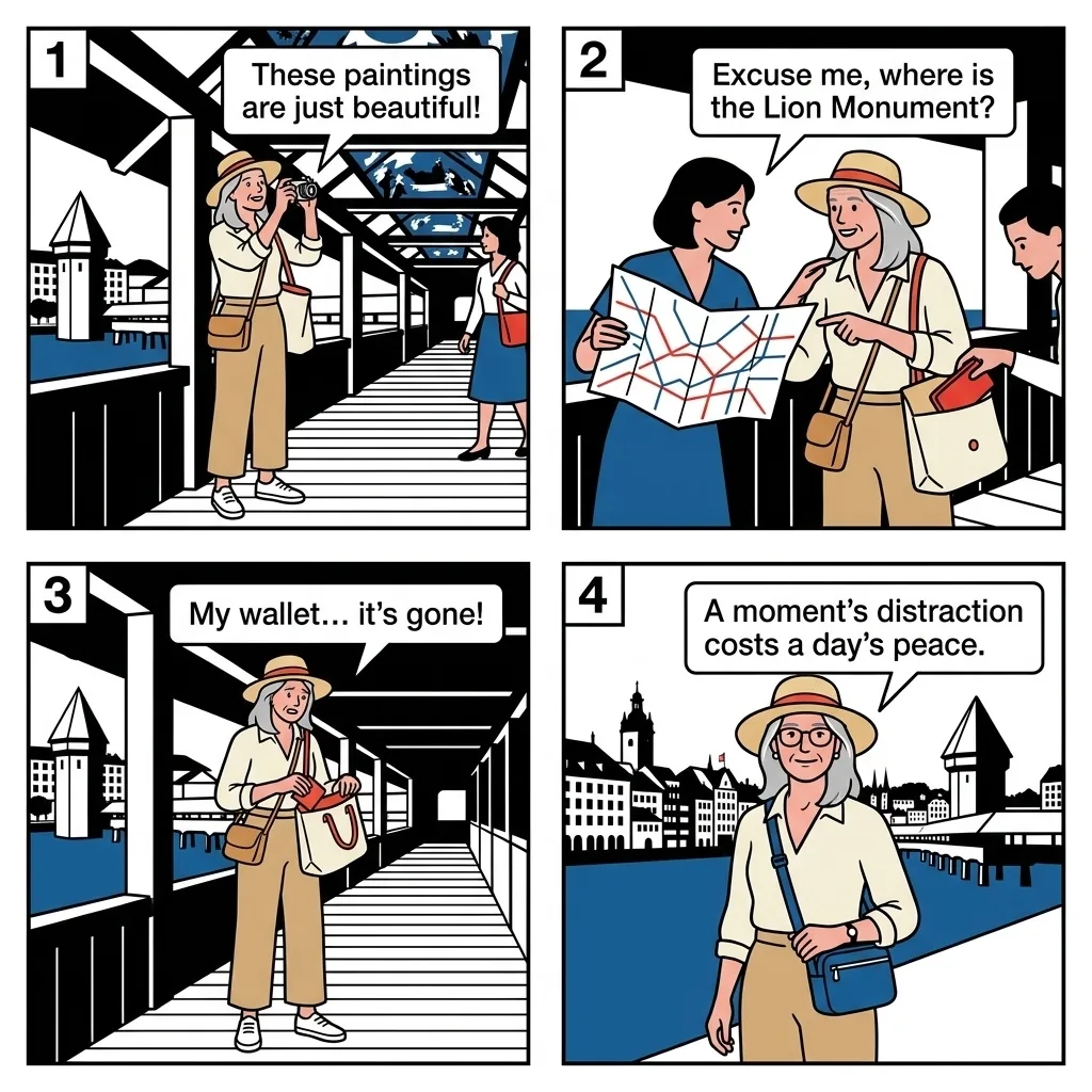 The Chapel Bridge Pickpocket Distraction — comic illustration