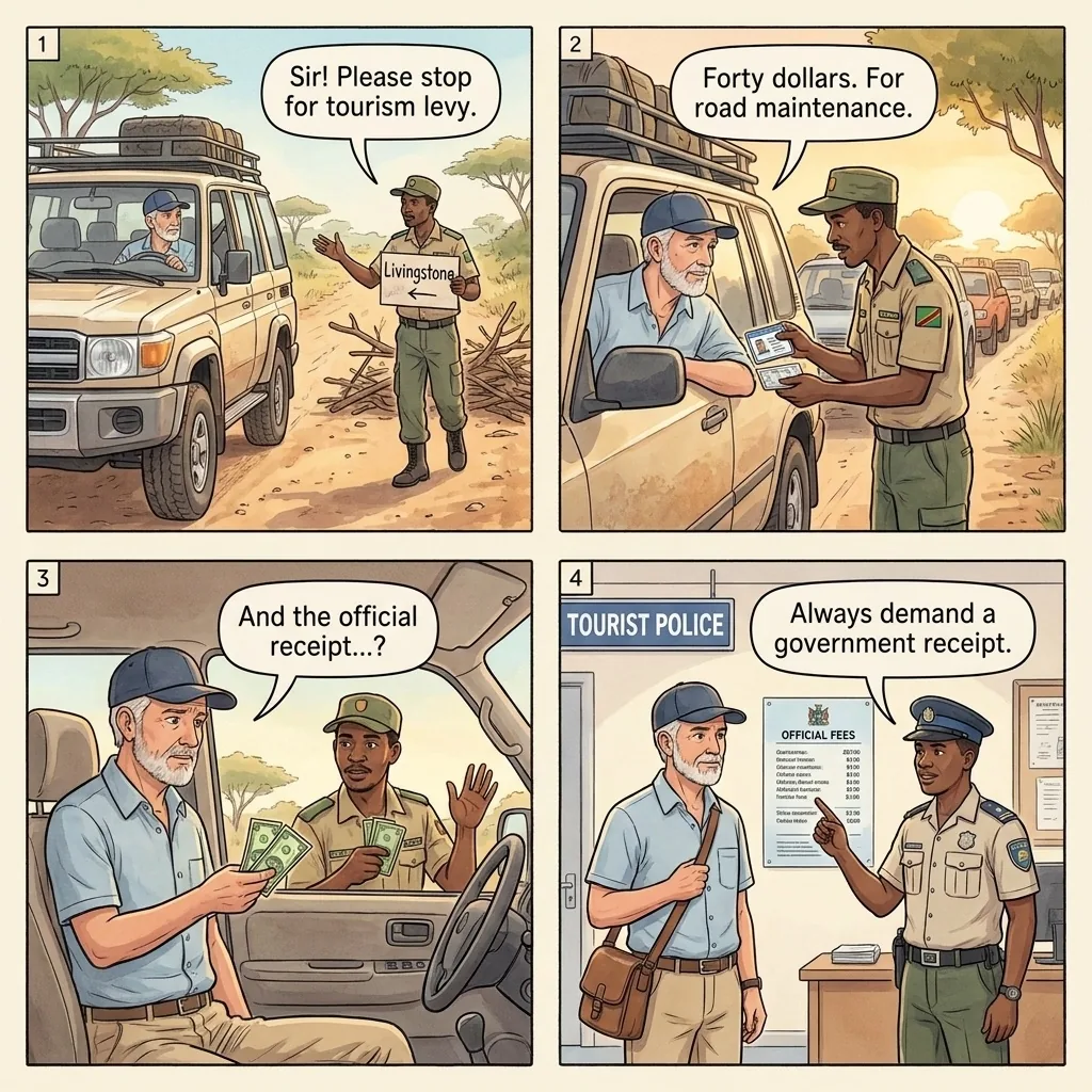 The Lusaka Fake-Official 'Tourism Fee' Shakedown — comic illustration