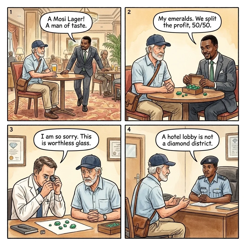 The Lusaka Hotel-Lobby Gemstone Business Pitch — comic illustration