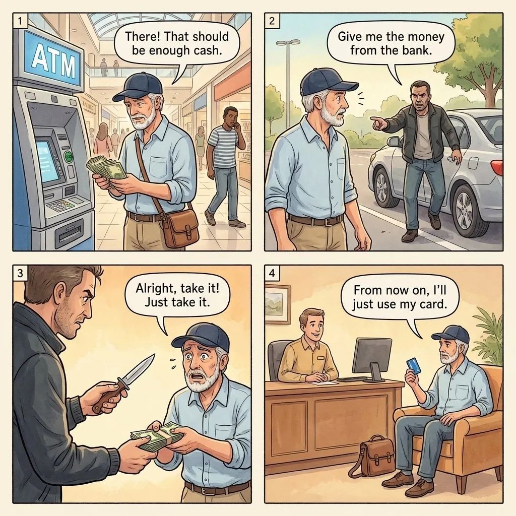 The Lusaka Follow-from-the-Bank Robbery — comic illustration