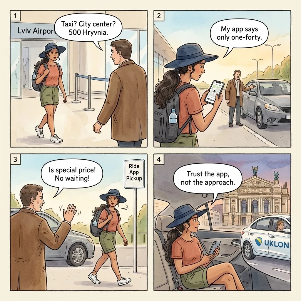 The Lviv Airport Unlicensed-Taxi Curb Quote — comic illustration