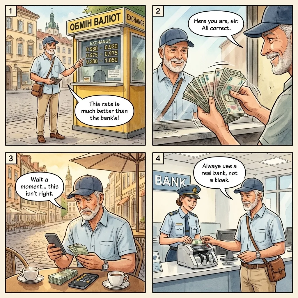The Krakivska Street Hryvnia Hand-Off — comic illustration