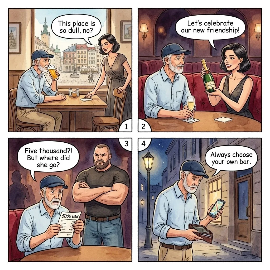 The Rynok Square 'Pretty Woman' Bar Trap — comic illustration