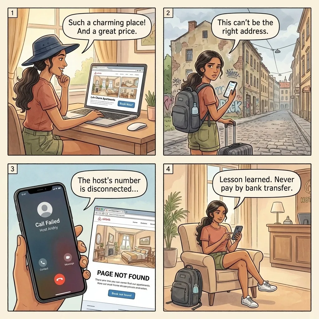 The Lviv Booking-Site Lookalike Vanish — comic illustration