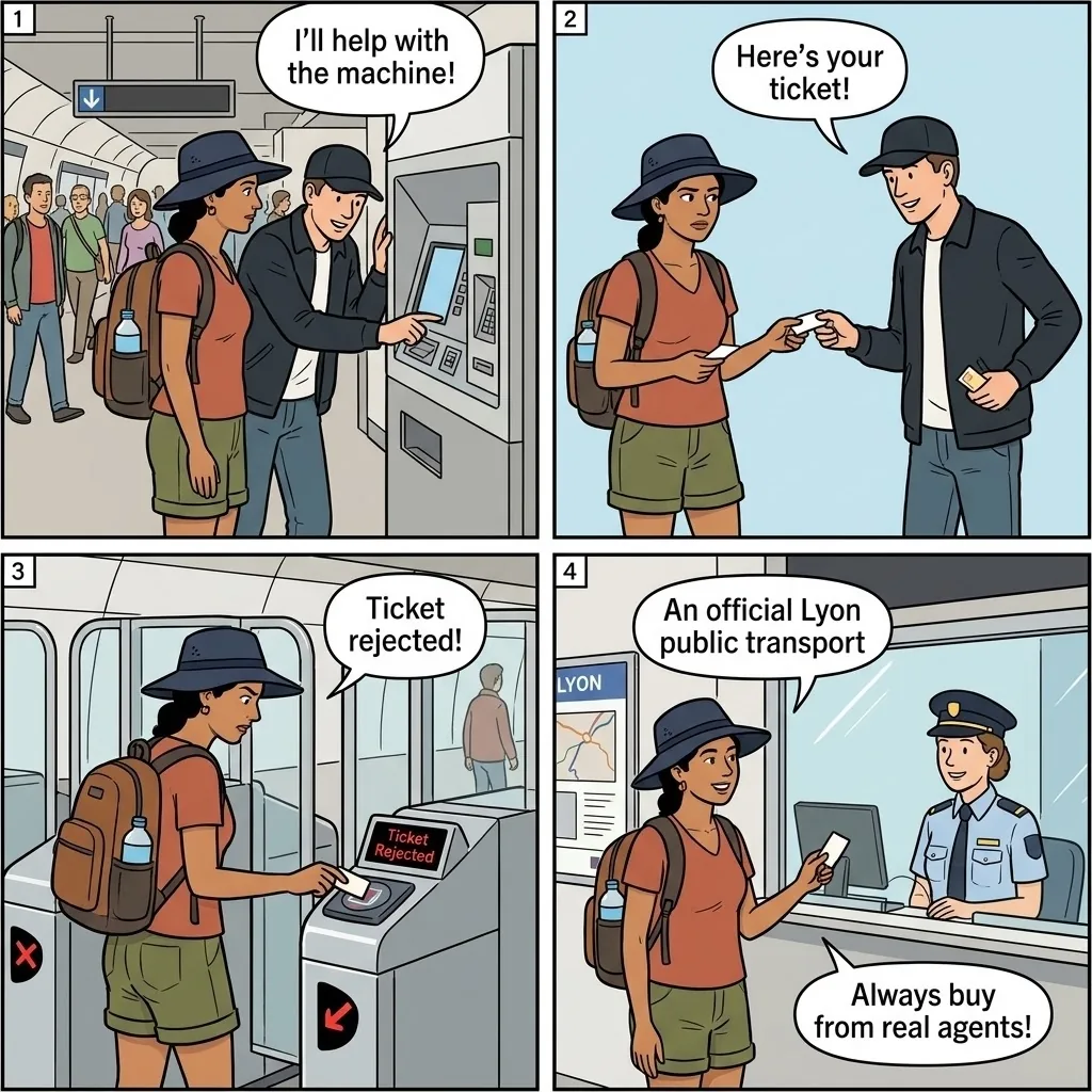 Fake Metro Ticket Scam — comic illustration